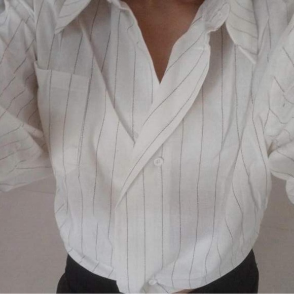 Oversized cotton white stripe button down blouse M - Picture 2 of 9